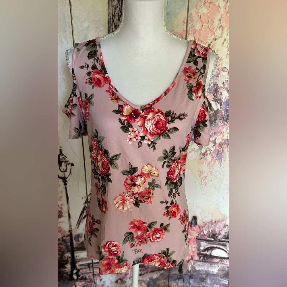 M Fasis - Pink Floral Cold Shoulder Top. Size M